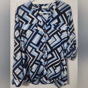 Calvin Klein Button Up Blue White Geometric Roll Tab Sleeve Top Blouse